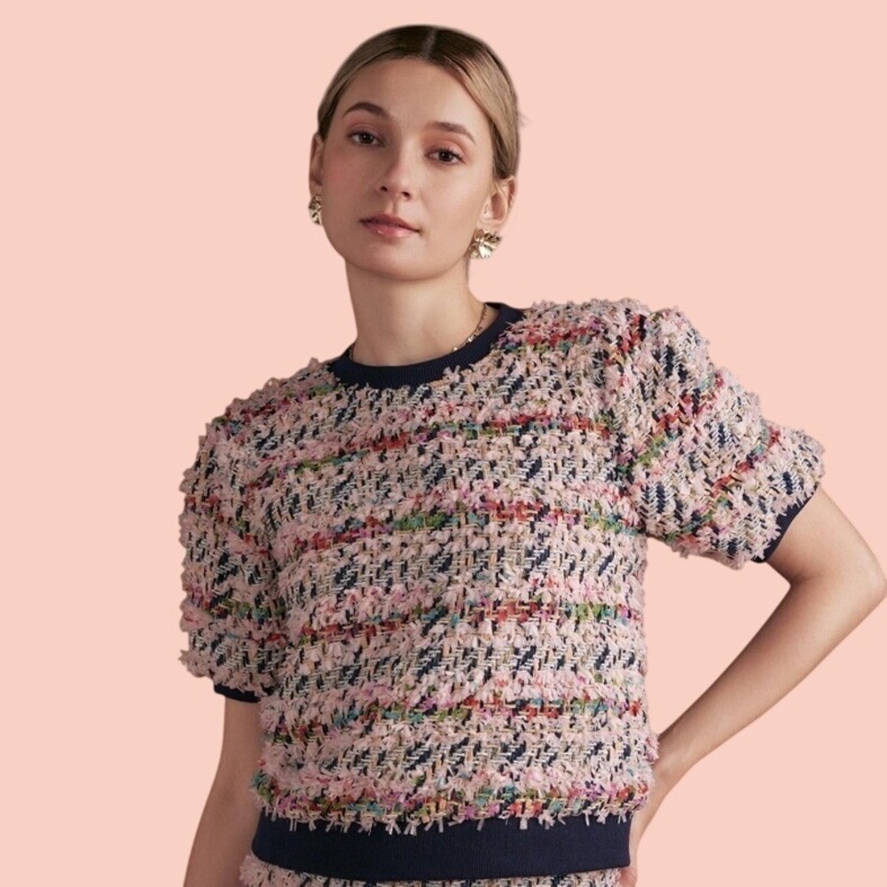 Strut & Bolt Metallic Tweed Knit Sweater L Multi Color bouclé Textured Fringe